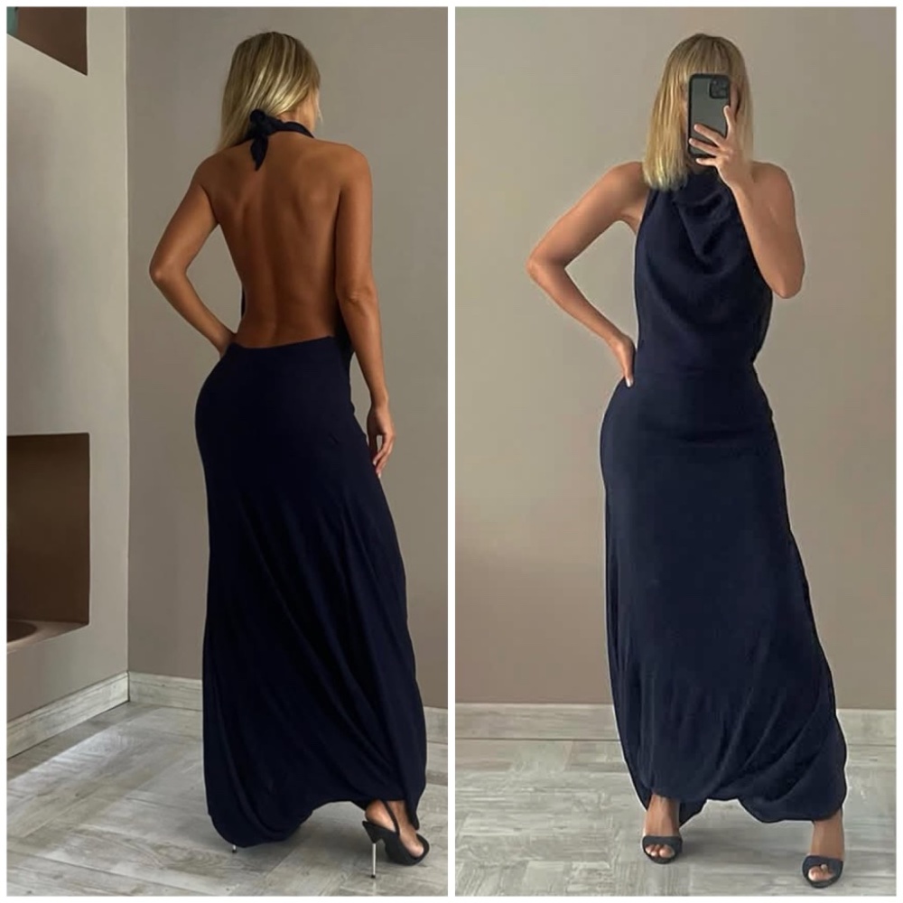 Zara Navy Halter Backless Maxi Dress